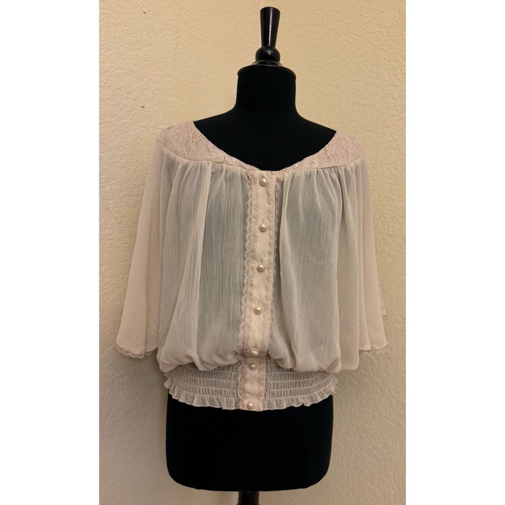 Charlotte Russe Sheer Cream Lace Trim Pearl Buttons Blouse - Sz M